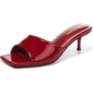 Lullasong Kitten Heels Red Faux Leather Women's Sandals Slides Square Open Toe